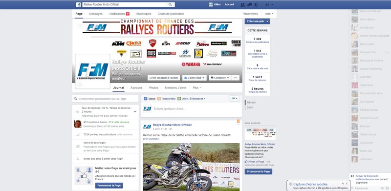 Page Facebook pour la Fédération Française de Moto - Commission des rallyes Routiers