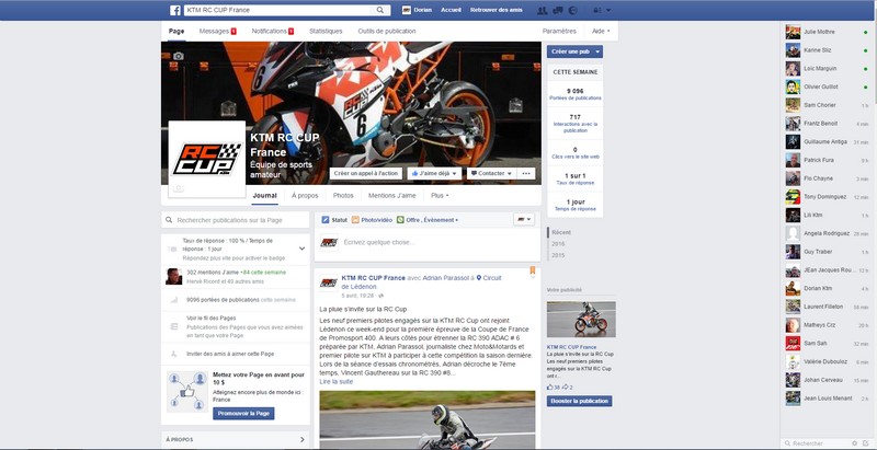 Page Facebook KTM RC CUP animée par VD Consulting
